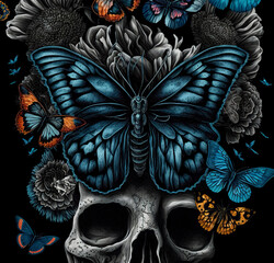 Wall Mural - Skull, butterflies and Flowers, Vintage illustration.  Digital illustration for prints, t shirt, posters, postcards, stickers, tattoo