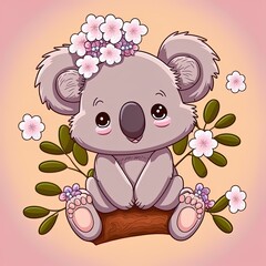  Cute Cartoon Koala with flowers on a tree on a pink background