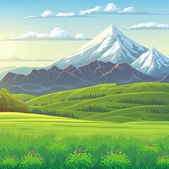 Sticker - Mountain landscape 2d illustrated illustration. Cartoon flat of spring summer beautiful nature, green grasslands meadow and mountains on horizon background .