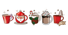 Christmas Hot Beverages Of Coffee, Chocolate, And Eggnog Drinks In Mugs And Cups.