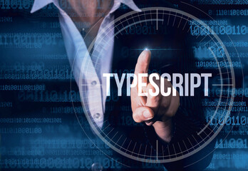 Wall Mural - business woman with finger pressing typescript button on virtual screens. modern technology concept