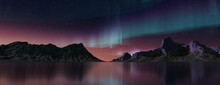 Rugged Mountains With Aurora Borealis. Green Sky Banner With Copy-space.
