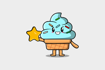 Wall Mural - Cute cartoon Ice cream character holding big golden star in cute modern style design illustration