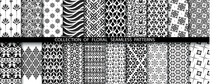 Geometric Floral Set Of Seamless Patterns. White And Black Vector Backgrounds. Simple Illustrations.