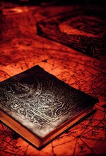 Evil Biblical, Necronomicon, Ancient Texts, Dungeons And Dragons, Cursed, Runes, Highly Detailed Borders, Wood Burn Etching, Viscious Red Fluid