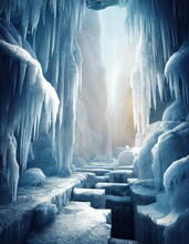 Mirrow Floor Inside Fairy Ancient Elven Temple With High Icicles Archs, Fantastic Big Ice Window With Beautiful Sky Sunny Daylight