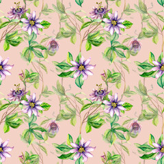  Passion flower plant watercolor seamless pattern isolated on pink