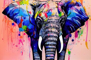 isolated elephant watercolour splashes with ink painting, llustration art