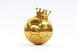 © Lemonsoup14 - Gold soccer ball or football isolated on white 3d illustration background with sport winner world championship tournament and golden king crown competition trophy champion cup of victory honor prize.
