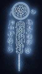 Poster - Abstract rune and arcane magic occult symbol background. Mystical mythical typography. North/Norse Viking runes as binary code. Web and network matrix, big data