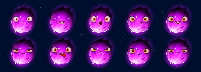 Wall Mural - Sprite set of fantasy planet with different emotions on starry sky background. Vector cartoon illustration of purple cosmic globe with big eyes and mouth, smiling, happy, sad, angry and surprised