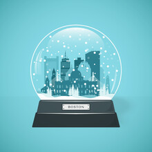 Boston City Skyline Snow Globe. Merry Christmas And Happy New Year Boston. Vector Illustration.