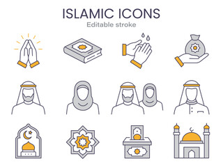 Wall Mural - Arabic icons, such as islam, ramadhan, people, muslim, eid and more. Editable stroke.