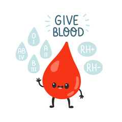 Wall Mural - Blood donor, cute blood drop and lettering. Hand drawn Vector illustrations. Donate Blood, Health Care Concept