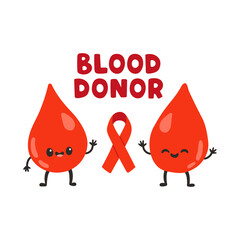 Wall Mural - Blood donor, cute blood drops and red ribbon. Hand drawn Vector illustrations. Donate Blood, Health Care Concept