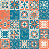 Fototapeta Kuchnia - Square ceramic tiles in mediterranean style, orange blue pattern, symmetrical floral motif