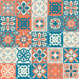 Fototapeta Kuchnia - Ceramic tile design orange blue contrast color, square ceramic tiles in Spanish Azulejo talavera style