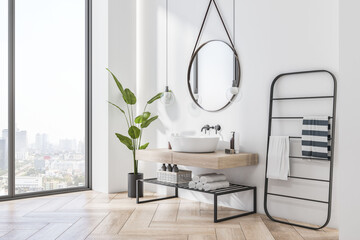 Wall Mural - Perspective view on modern bathroom interior design with wooden sink cabinet, parquet floor, city view from panoramic window and green plant on white wall background. 3D rendering