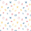 © Dewi - Grocery shopping bag, cart, cashier, food and drink icon seamless pattern design in primary color red blue yellow