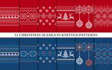 Set Of 12 Christmas Seamless Patterns. Knitted Sweater Red And Blue Textures Big Collection. Set Xmas Winter Background. Knit Holiday Fair Isle Prints. Traditional Ornament. Vector Illustration