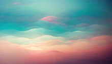Fantasy Sky. Abstract Painting. Heaven Cloudscape. Pastel Blue Pink Purple Color Gradient Fog Wave Creative Collage Art Background.