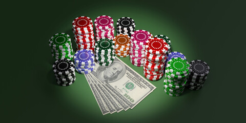 Casino chips stacks and US dollars banknotes on green felt table. 3d