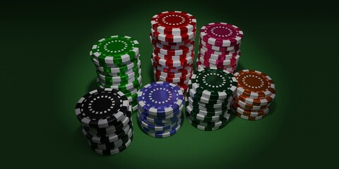 Gambling, Casino. Poker chips stack on green felt table 3d