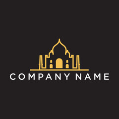 taj mahal logo outline islamic muslim designs, simple premiume vector template design on gold colour 