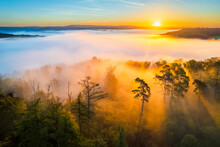 Germany, Baden-Wurttemberg, Drone View Of Wieslauftal Valley Shrouded In Thick Autumn Fog At Sunrise