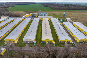 Wall Mural - aerial panoramic view over silos and agro-industrial livestock complex on agro-processing and manufacturing plant with modern granary elevator. chicken farm. rows of chicken coop
