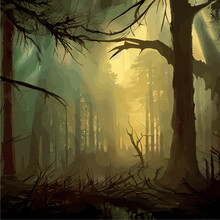 Vector Cryptic Illustration With House, Forests With Blue Fog. Landscape With Spooky House, Forest, Graveyard. Vector Illustration Of A Spooky Foggy Forest At Night.
