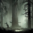 Vector cryptic illustration with house, forests with blue fog. landscape with spooky house, forest, graveyard. Vector illustration of a spooky foggy forest at night.