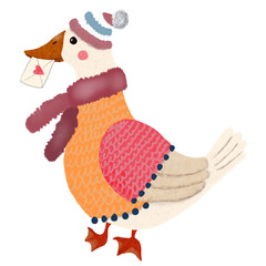 Goose in wither hat, sweater and scarf with love letter. Cute handdrawn png image in cartoon style. Print for textile, clipart, temporary tattoo, poster for nursery room.