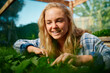 © StratfordProductions - Young caucasian woman smiling while looking down at plants in plant nursery