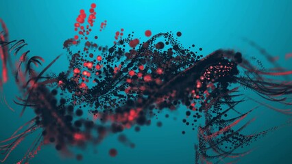 Wall Mural - 3d video animation of abstract art with wavy curves of particles based in orange and black on blue l