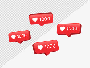 Wall Mural - 3d heart in speech bubble icon, love like heart bubbles background, social media notification icons 1000 likes counter, post reaction for social network, favorite hearts, 3d rendering, 3d illustration