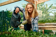 © StratfordProductions - Young caucasian woman in checked shirt watering plants in plant nursery