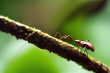 Team Of Brown Ants Crawling On Flat Mossy Branch