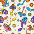 Seamless pattern with hallucinogenic mushrooms. Drawings in the style of doodle hippies. Retro for fabric, paper