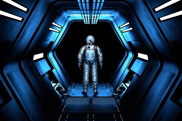 Wall Mural - astronaut cosmonaut goes into outer space along the corridor. space exploration, flights to distant 