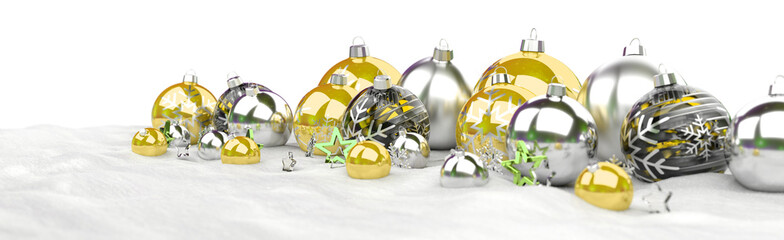 Poster - Isolated glossy christmas decoration lined up on white. 3D rendering gold shiny baubles ornaments. Merry Xmas cut out background