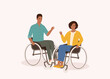 Young Black Couple With Wheelchair Talking With Each Another. Full Length. Flat Design, Character, Cartoon.