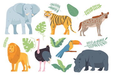 Wild animals isolated elements set in flat design. Vector illustration.