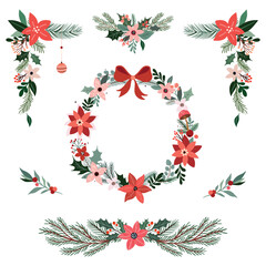 Wall Mural - christmas floral collection with seasonal borders, garland, wreath, winter festive design