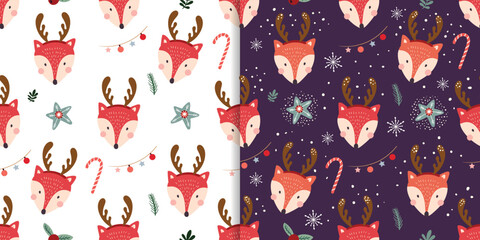 Wall Mural - christmas winter seamless patterns set with cute foxes, kids wallpaper, holidays background for gift