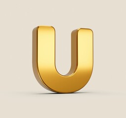 Poster - 3D rendering of a golden letter U isolated on a beige background