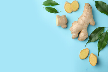 Wall Mural - Fresh ginger with green leaves on pale light blue background, flat lay. Space for text