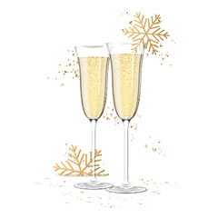 Wall Mural - Transparent realistic two glasses of champagne with snowflakes and confetti, isolated on white background.