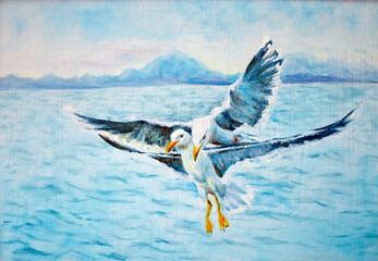 Two seagulls in flight over the sea. Hand drawn oil painting on canvas textures. Raster bitmap image