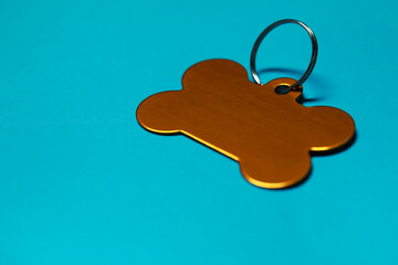 Wall Mural - Golden pet tag in shape of bone with ring on light blue background, closeup. Space for text